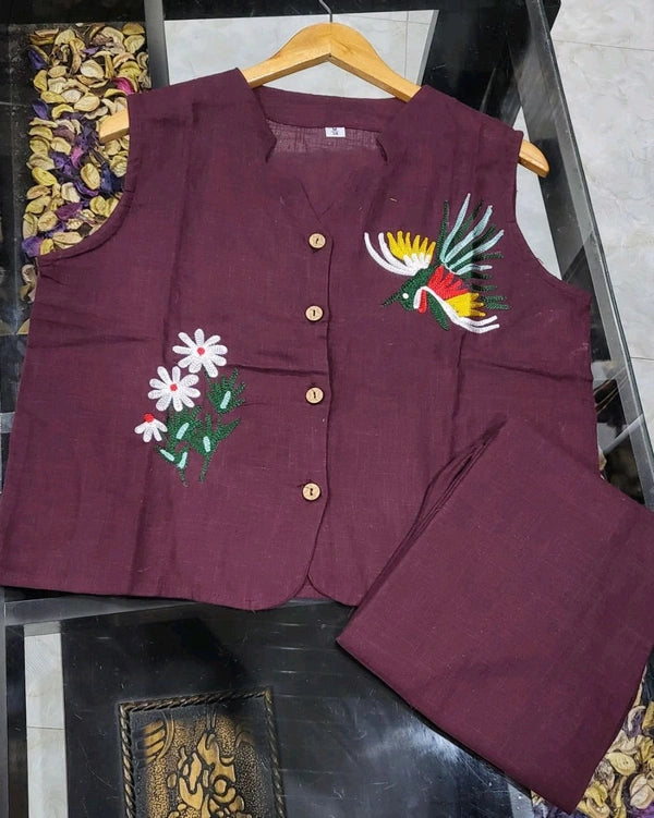 Women's Sleeveless Maroon Linen Embroidered Two-Piece Set