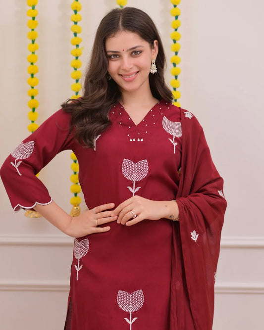 Maroon Floral Embroidered Cotton Suit Set
