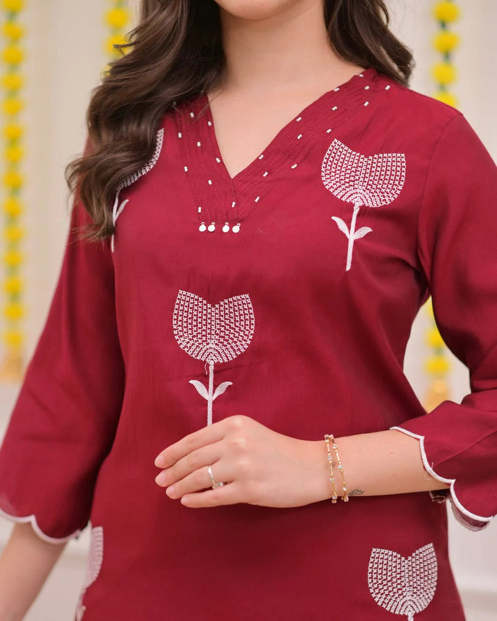 Maroon Floral Embroidered Cotton Suit Set
