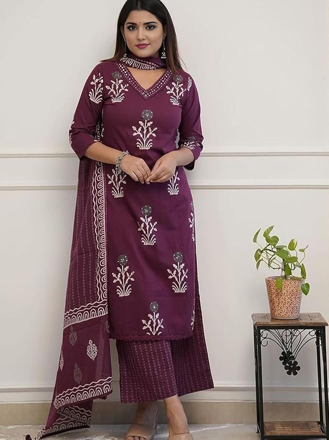 Beautiful Pure Cotton  Straight Kurti And Palazzo With Dupatta For Women