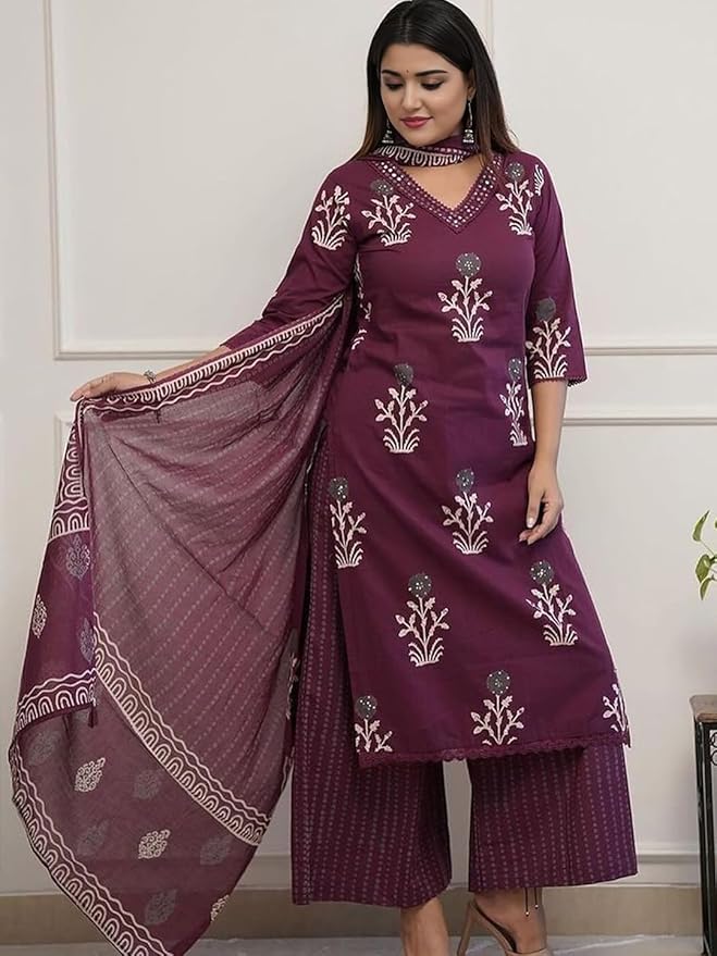 Beautiful Pure Cotton  Straight Kurti And Palazzo With Dupatta For Women