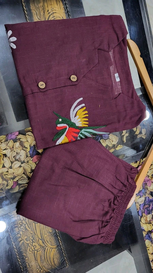 Women's Sleeveless Maroon Linen Embroidered Two-Piece Set