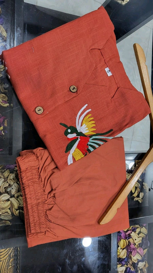 Women's Sleeveless Rust Linen Two-Piece Set with Embroidery