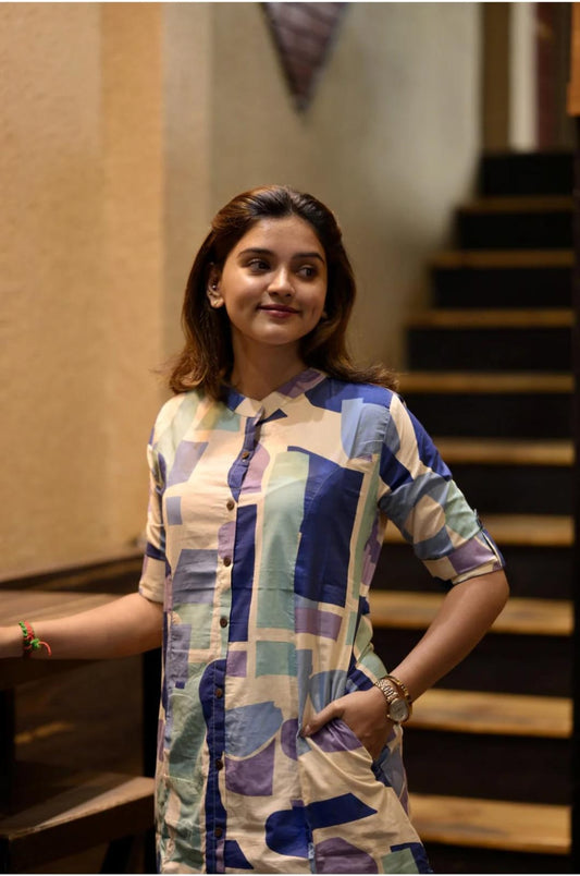 Abstract Print Cotton Kurta Set with Pants – Modern Co-ord Style