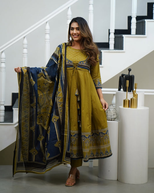 Elegant Olive-Green and Navy Blue Ethnic Anarkali Suit Set