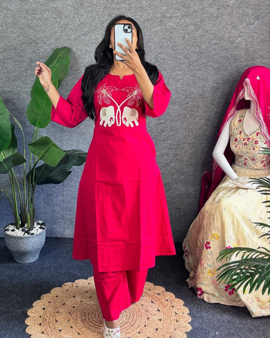 Bold Fuchsia Kurta with Elephant Embroidery