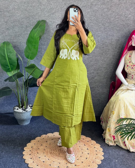 Fresh Olive Green Kurta with Elephant Embroidery