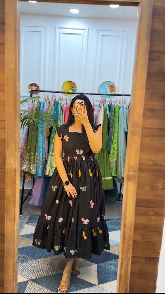 Soch Kurta Elegant Black Floral Printed Cotton Midi Dress for Women