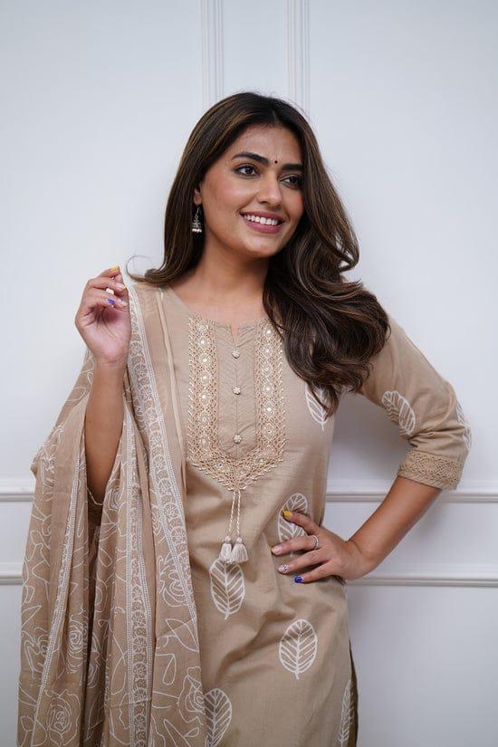 Soch Kurta Elegant Beige Embroidered Cotton Salwar Kameez Set