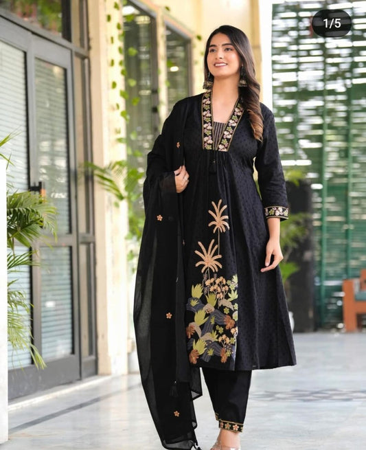 Soch Kurta Black NRI Embroidery Cotton Kurta Pant and Dupatta set