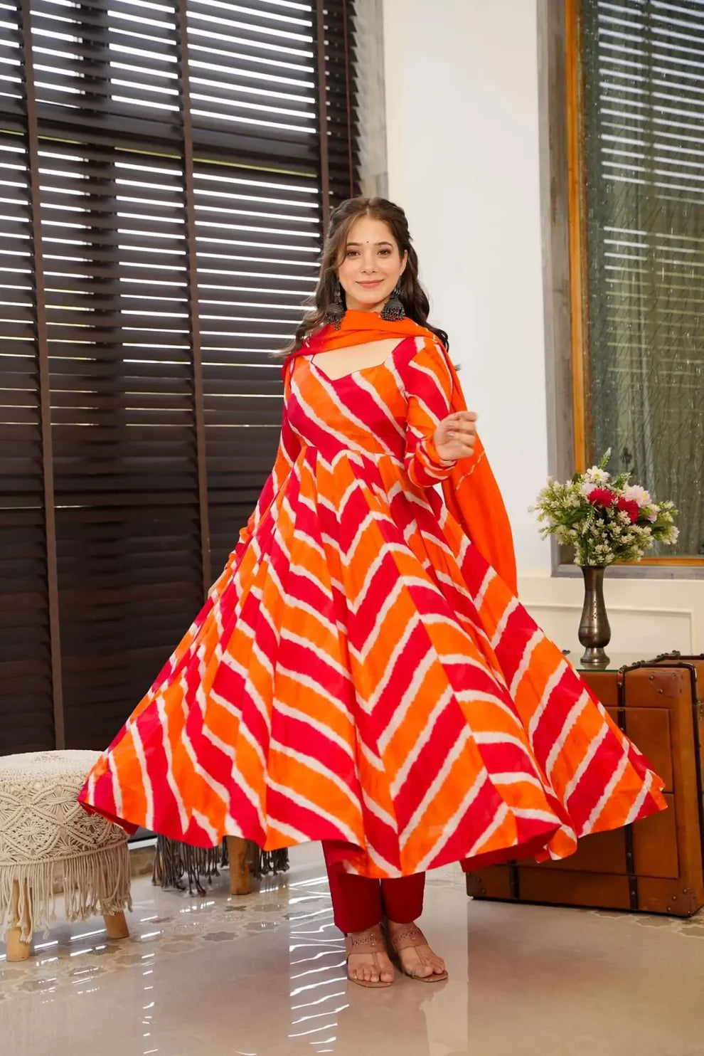 Orange Leheriya Organza Anarkali Suit Set