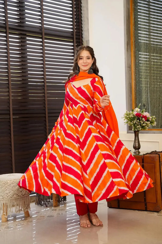 Orange Leheriya Organza Anarkali Suit Set